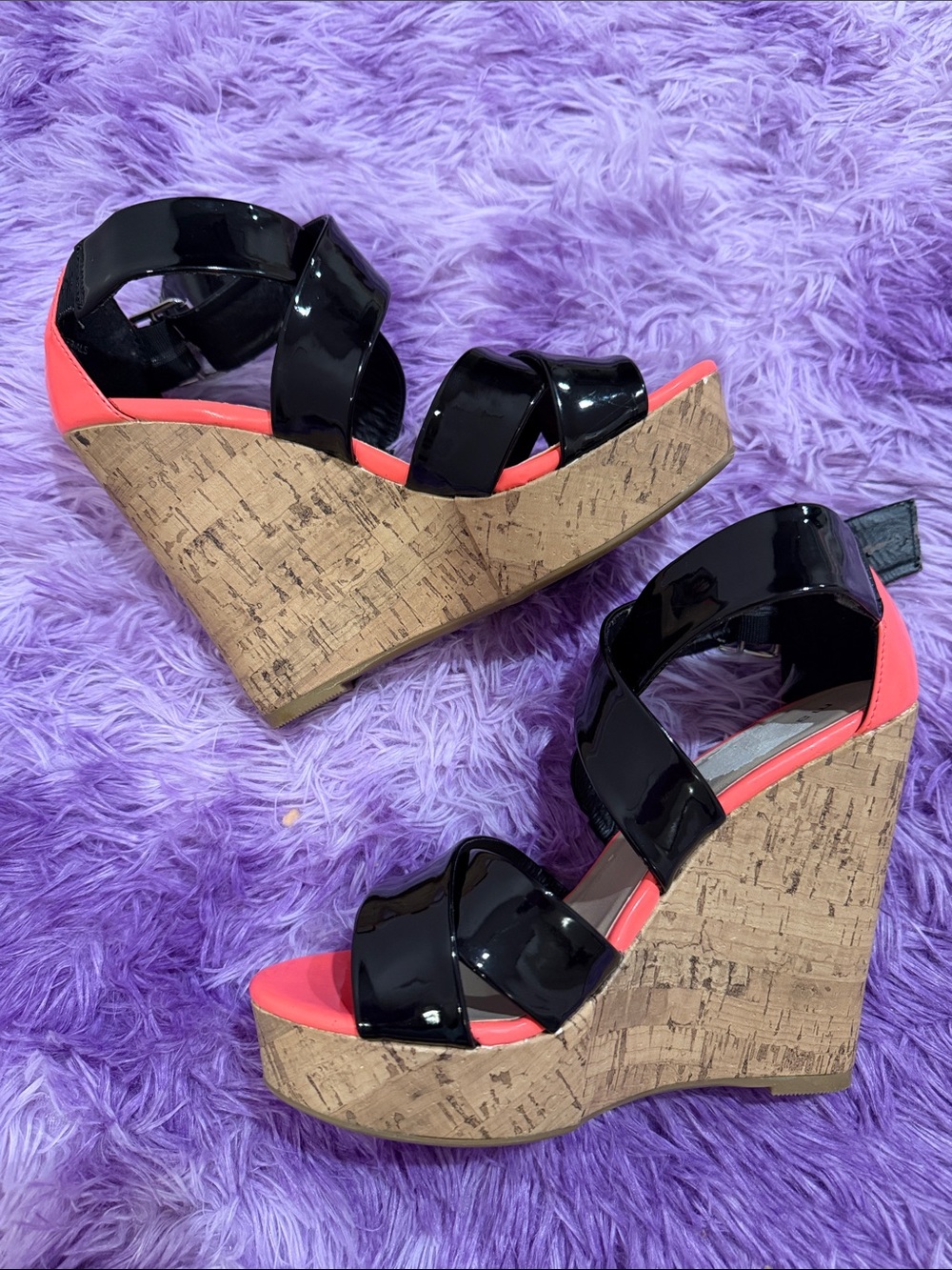 Madden Girl Black & Hot Coral Platform Wedges